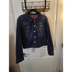 Elle Cropped Jean Jacket Womens XL Blue Dark Long Sleeve Pockets Button Faded